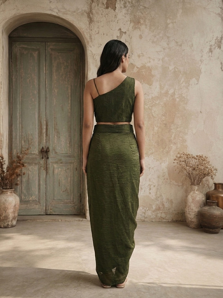 Bottle Green Tissue Floral And Thread Embroidered Three Piece Set