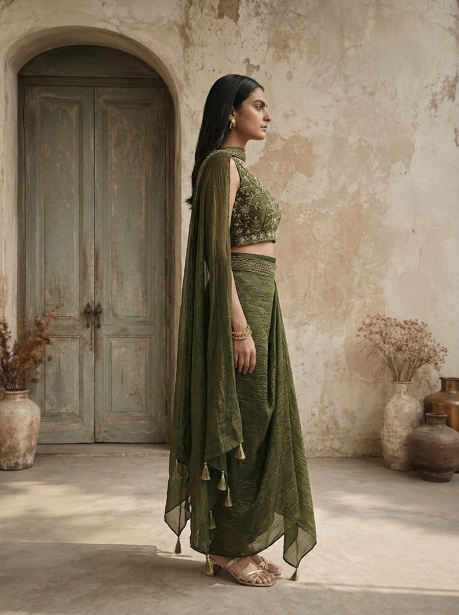 Bottle Green Tissue Floral And Thread Embroidered Three Piece Set