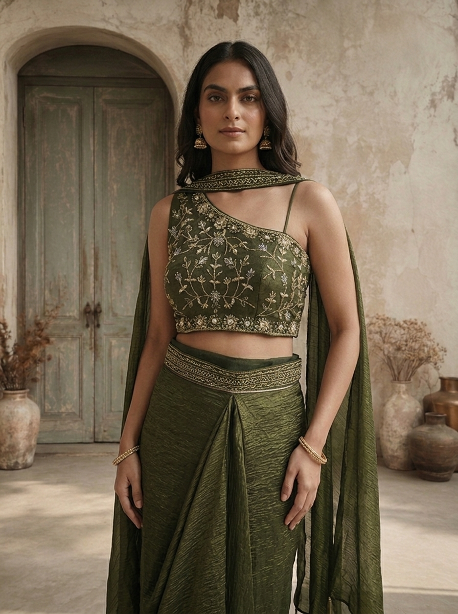 Bottle Green Tissue Floral And Thread Embroidered Three Piece Set