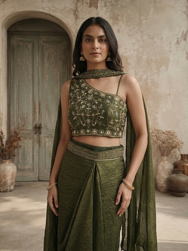 Bottle Green Tissue Floral And Thread Embroidered Three Piece Set