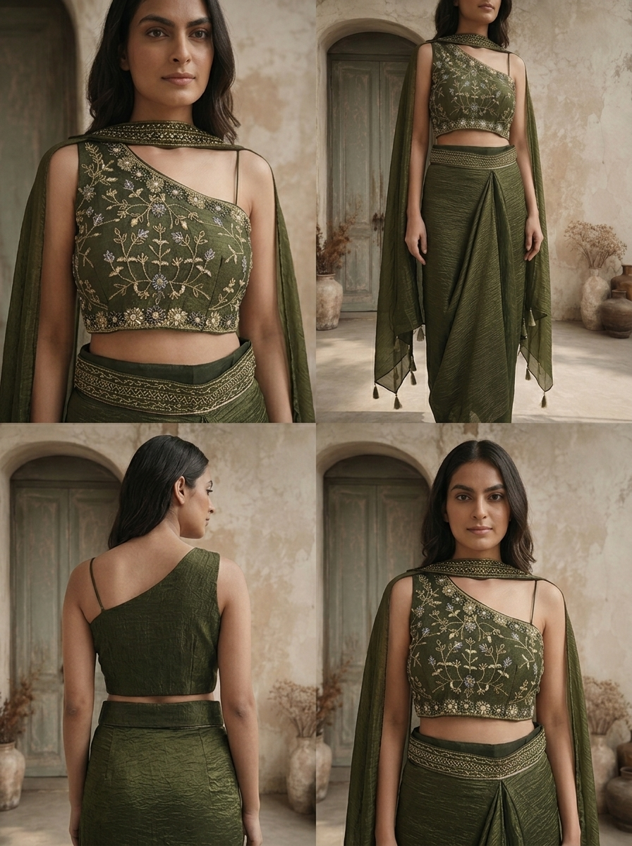 Bottle Green Tissue Floral And Thread Embroidered Three Piece Set