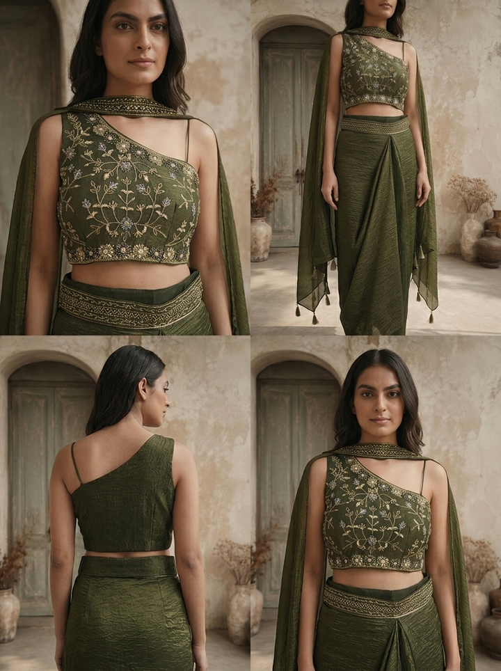 Bottle Green Tissue Floral And Thread Embroidered Three Piece Set