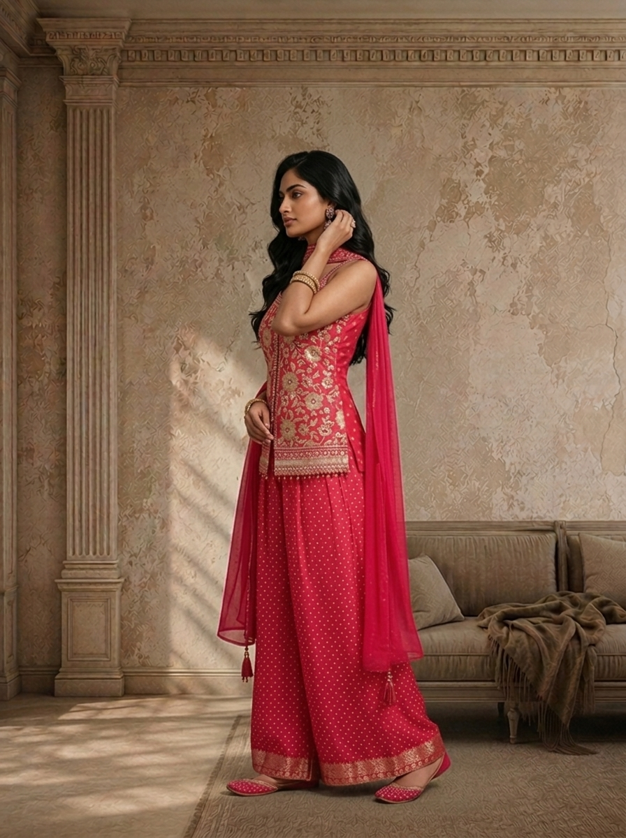 Pink Tissue Floral Zari Embroidered Three Piece Set