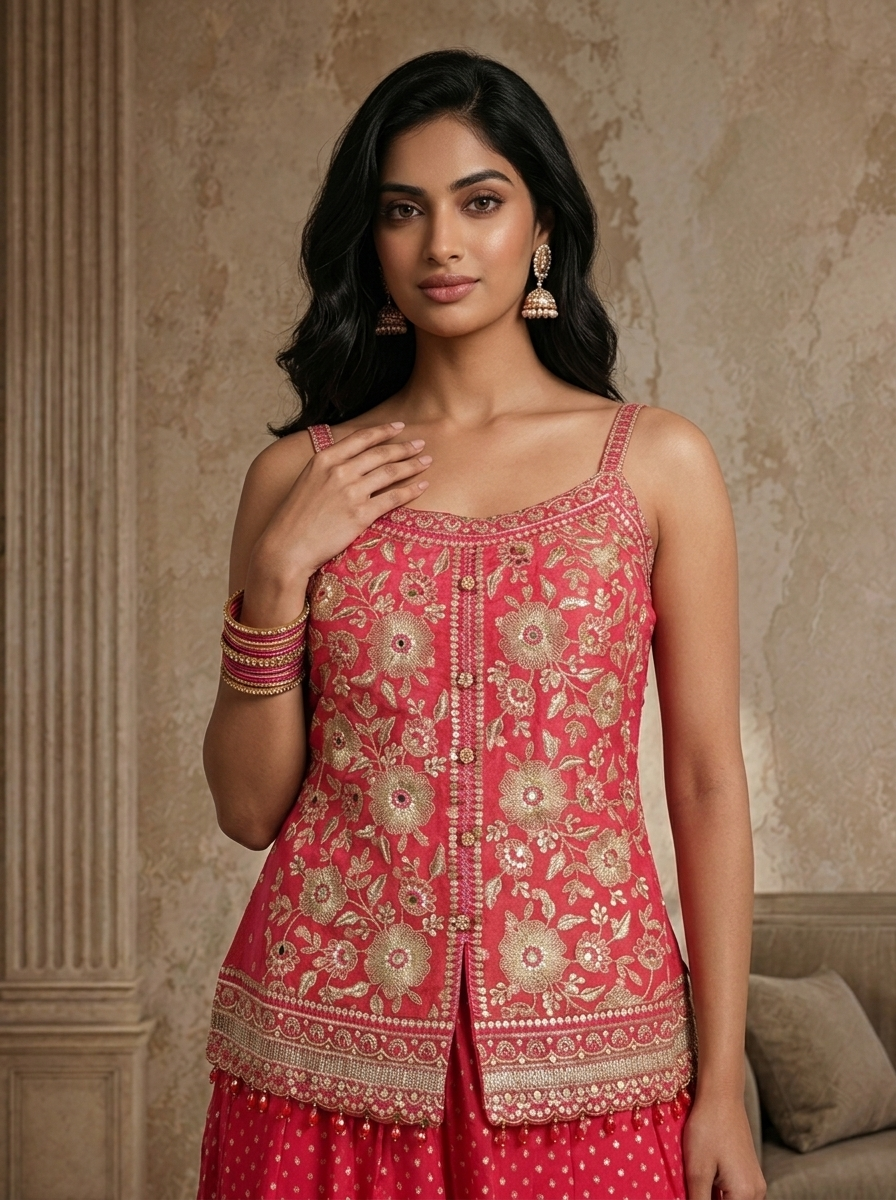 Pink Tissue Floral Zari Embroidered Three Piece Set