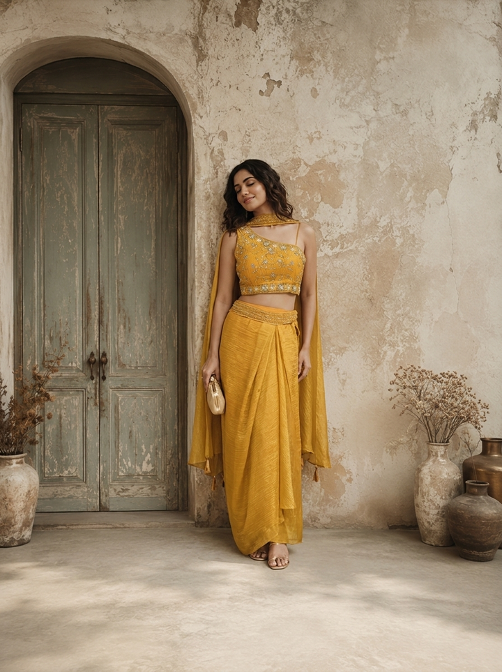 Mustard Tissue Floral And Thread Embroidered Three Piece Set