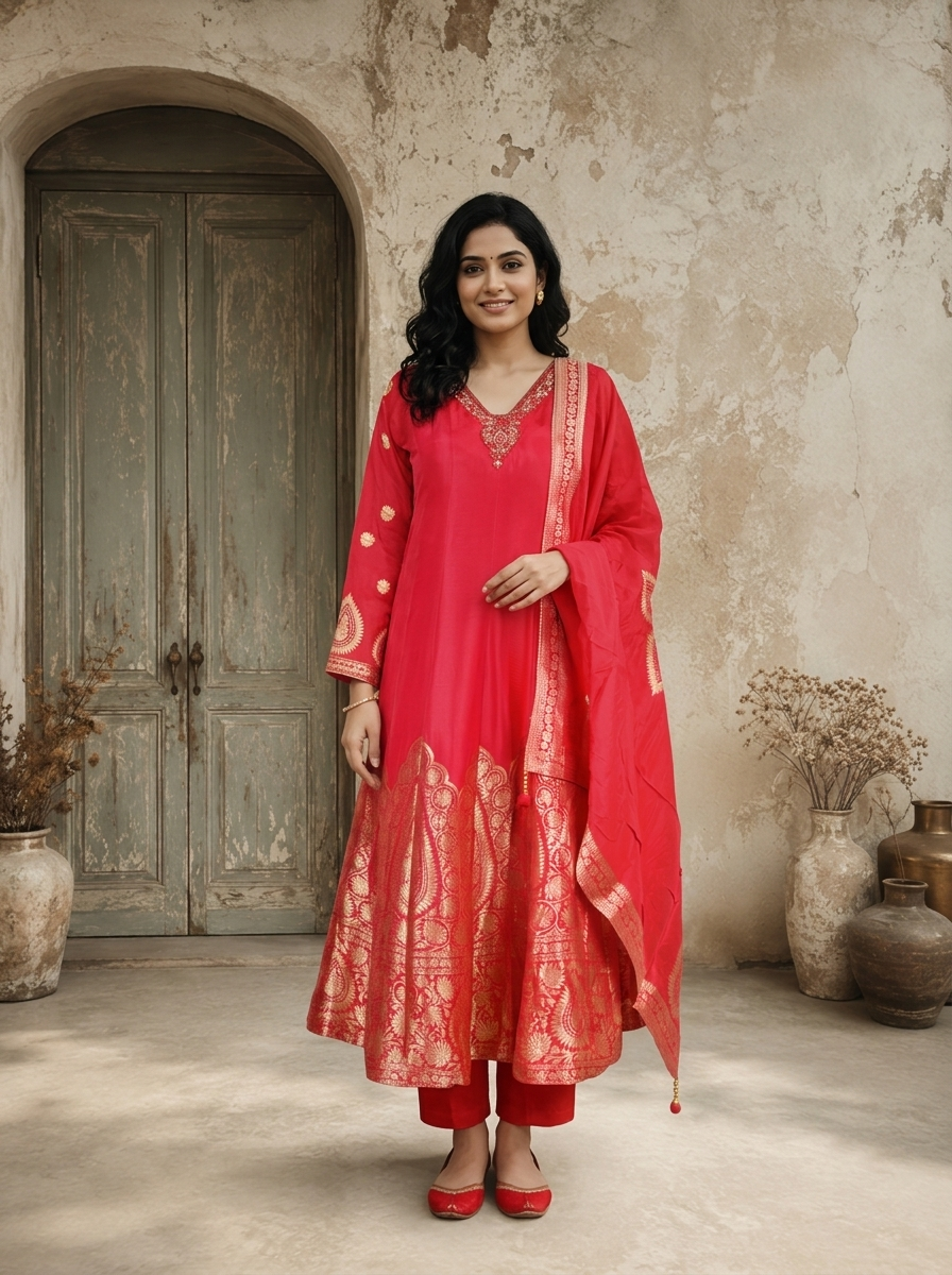 Rani Pink Silk Golden Ethnic Weaved Three Piece Set