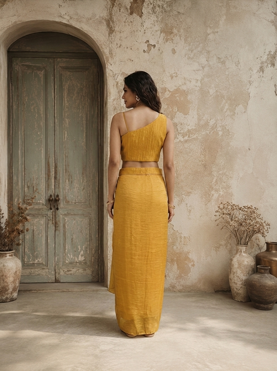 Mustard Tissue Floral And Thread Embroidered Three Piece Set
