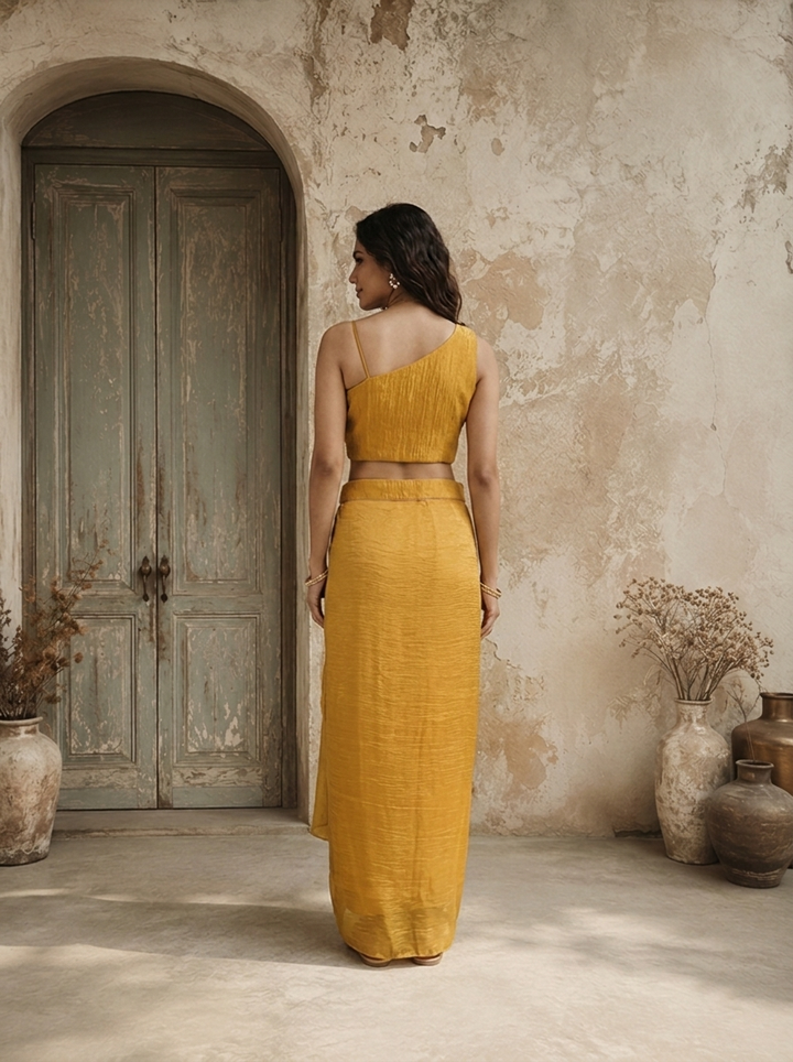 Mustard Tissue Floral And Thread Embroidered Three Piece Set