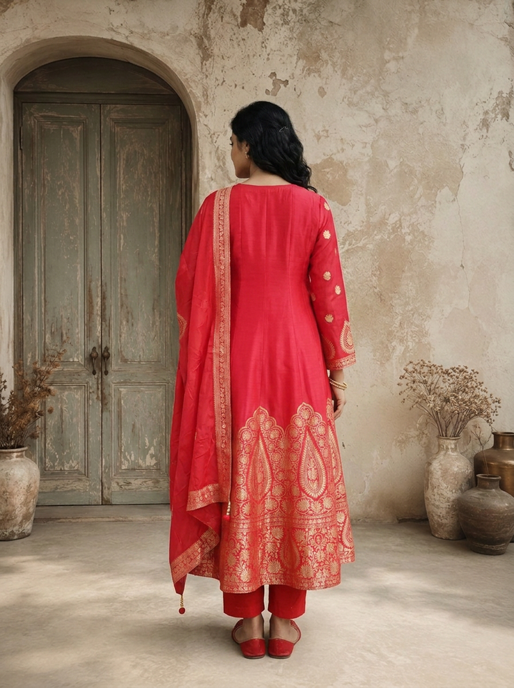 Rani Pink Silk Golden Ethnic Weaved Three Piece Set