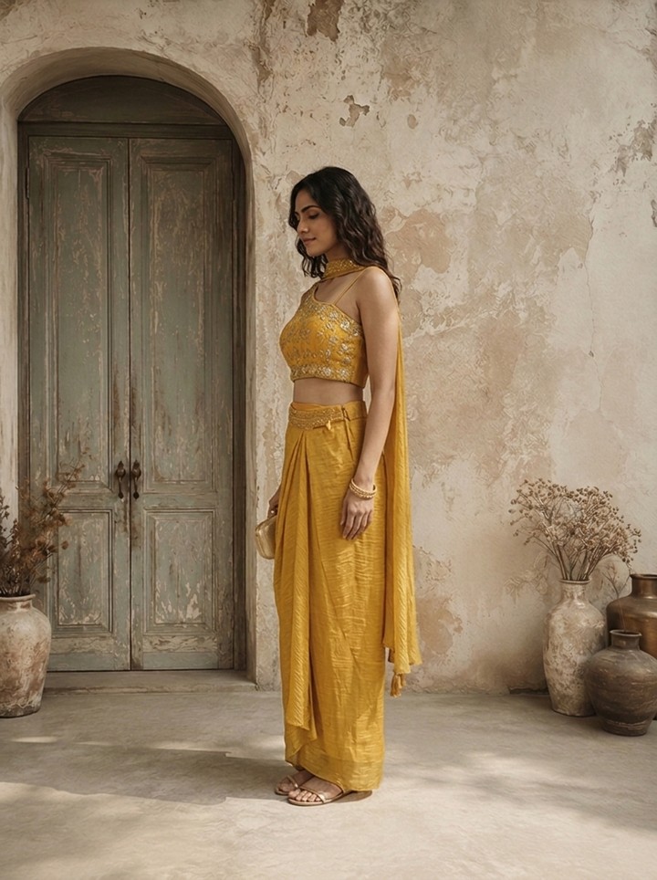 Mustard Tissue Floral And Thread Embroidered Three Piece Set