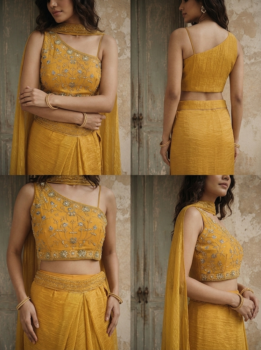Mustard Tissue Floral And Thread Embroidered Three Piece Set