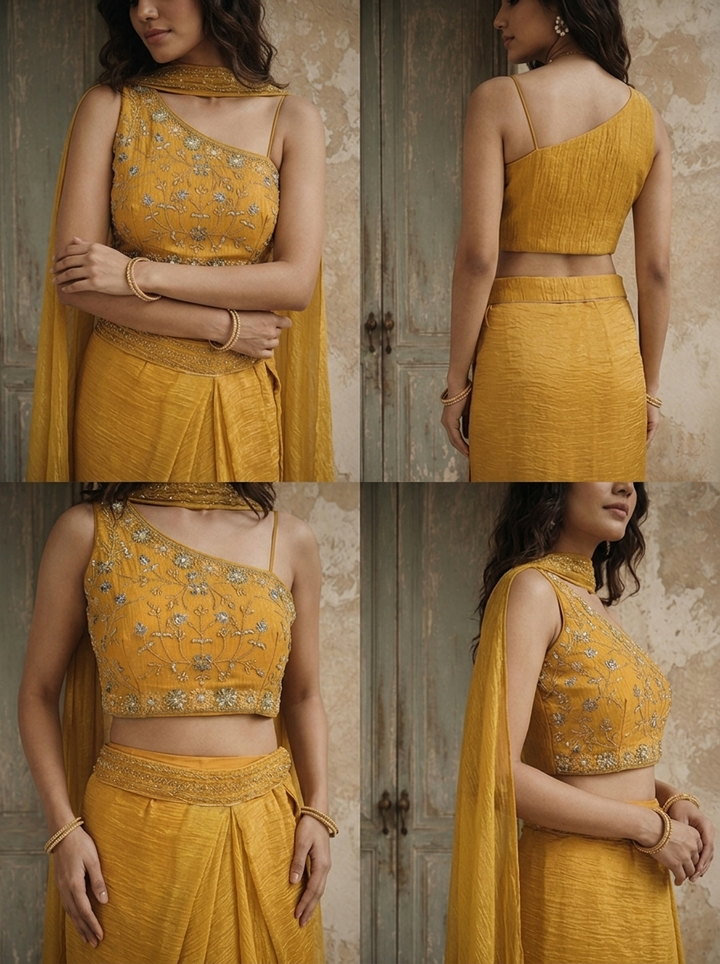 Mustard Tissue Floral And Thread Embroidered Three Piece Set