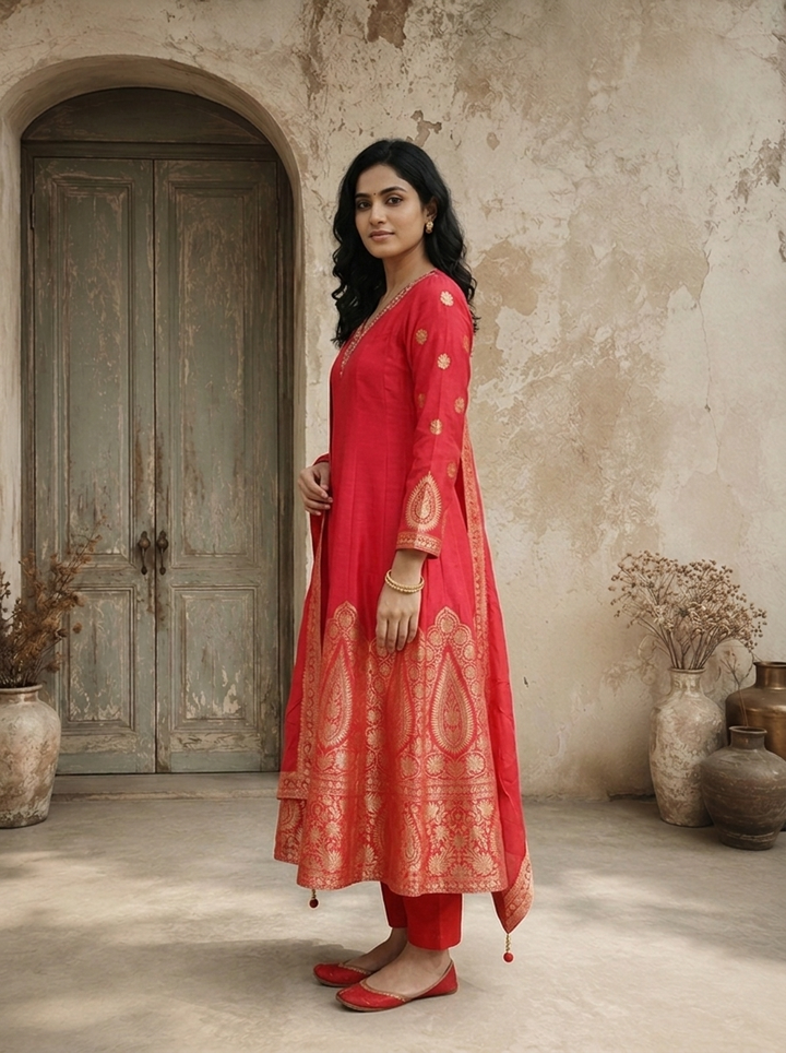 Rani Pink Silk Golden Ethnic Weaved Three Piece Set