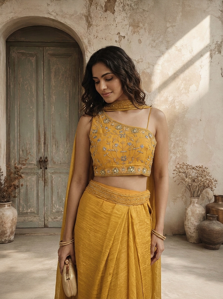 Mustard Tissue Floral And Thread Embroidered Three Piece Set