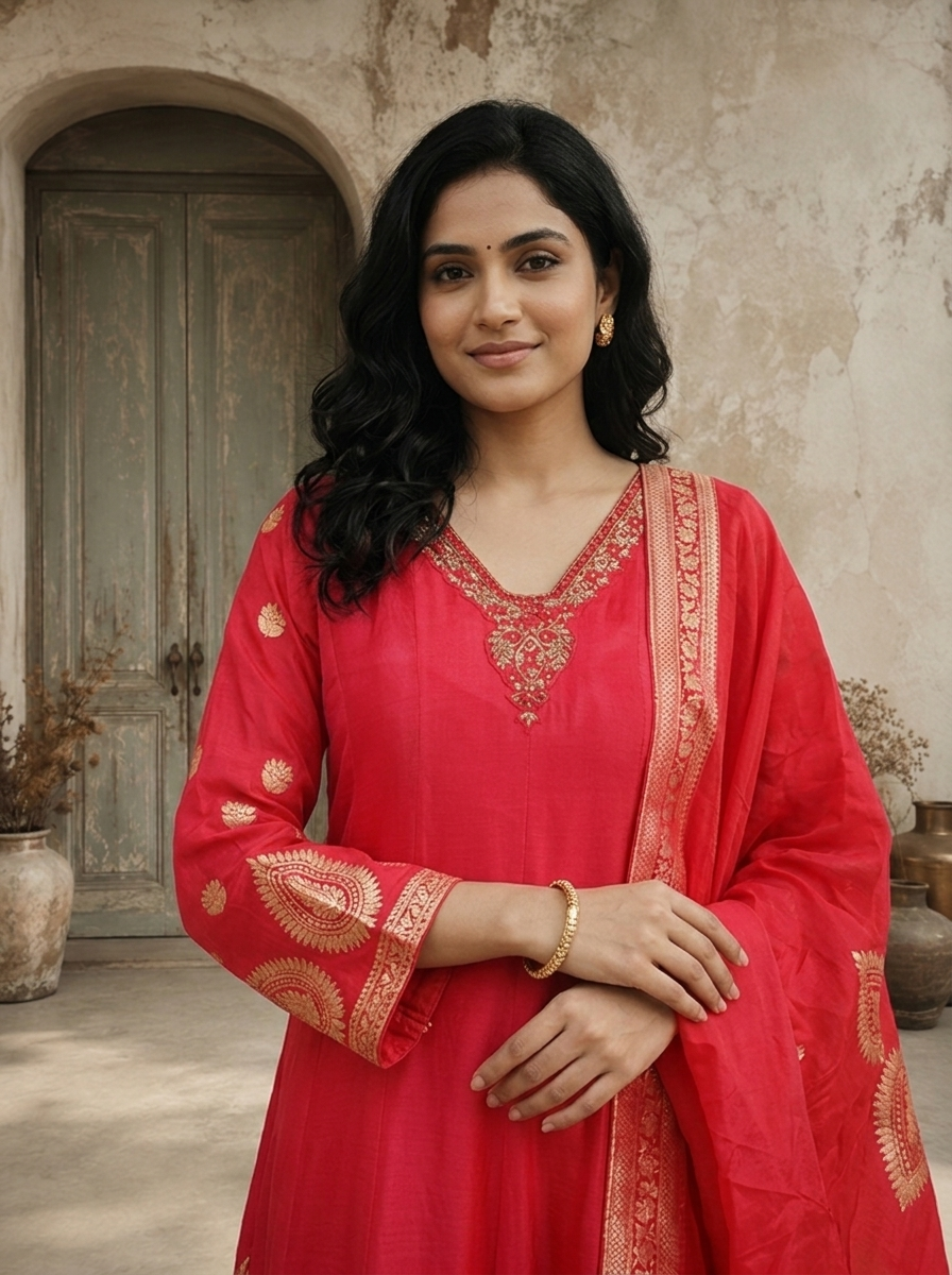 Rani Pink Silk Golden Ethnic Weaved Three Piece Set