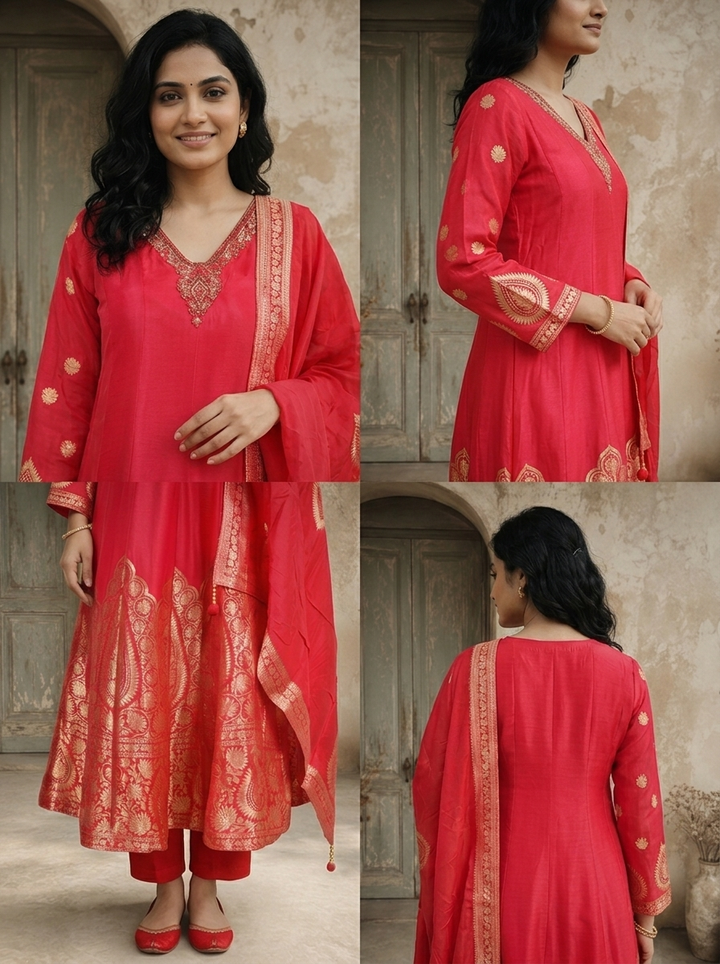 Rani Pink Silk Golden Ethnic Weaved Three Piece Set