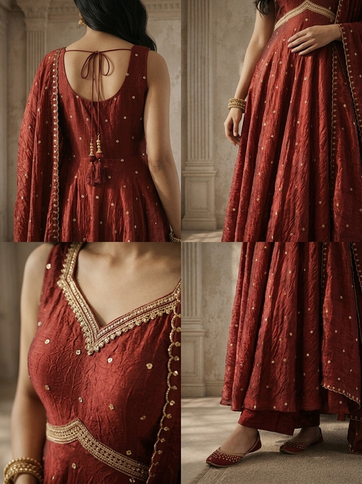 Maroon Tissue Booti Printed Three Piece Set