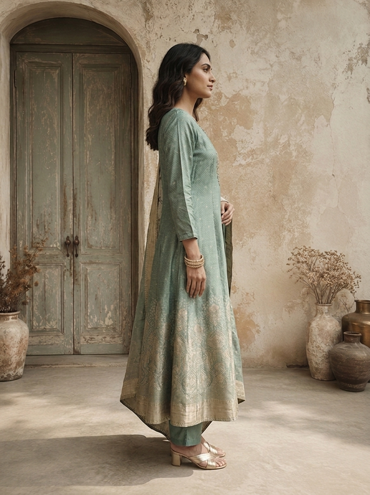 Sea Green Silk Golden Buti Weaved Three Piece Set