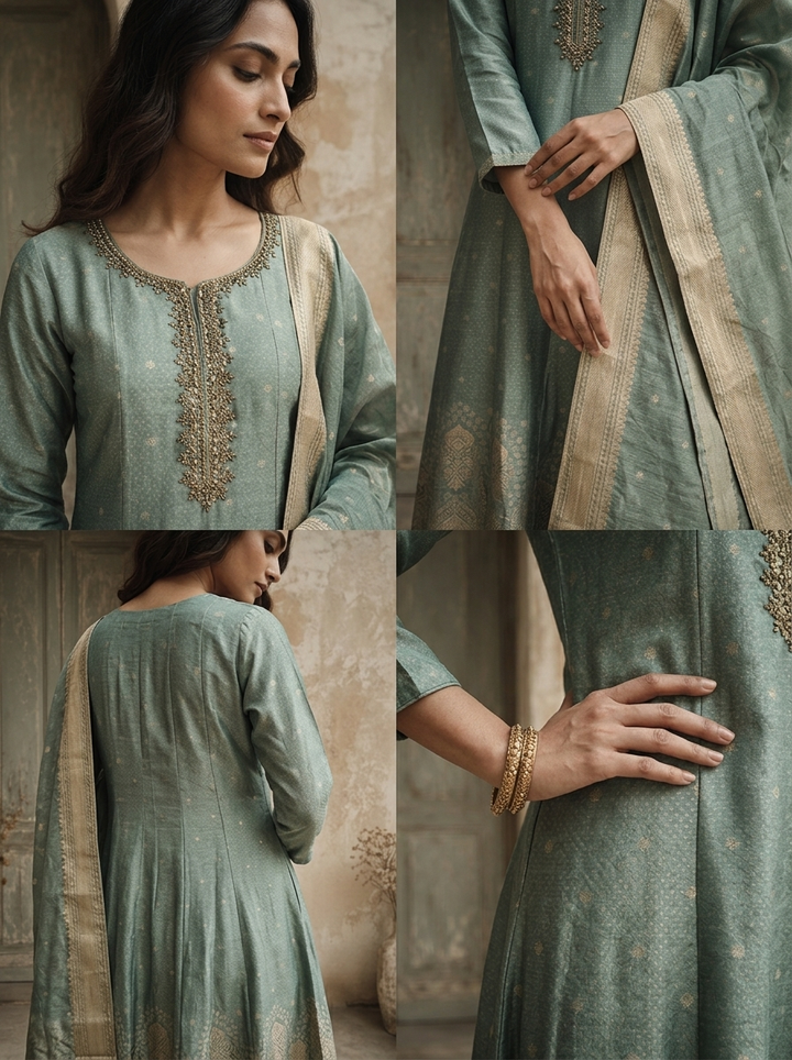 Sea Green Silk Golden Buti Weaved Three Piece Set