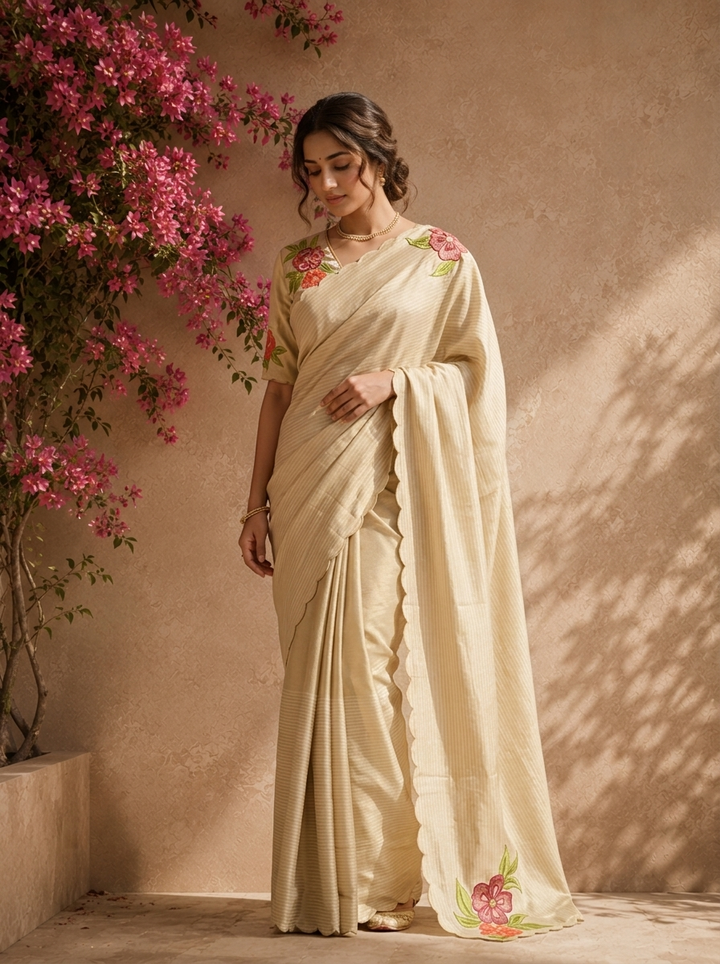 Beige Tissue Stripes With Floral Embroidered Saree