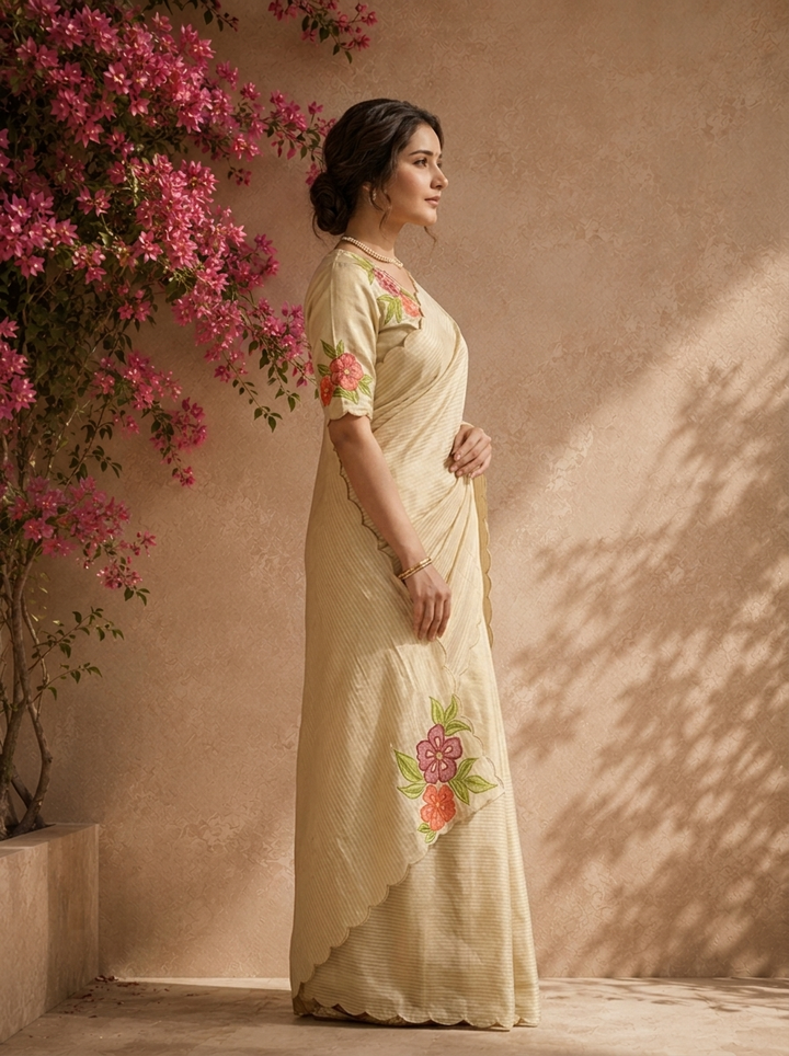 Beige Tissue Stripes With Floral Embroidered Saree