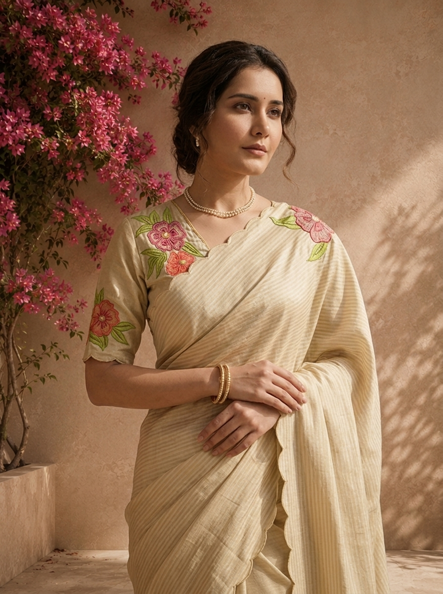 Beige Tissue Stripes With Floral Embroidered Saree