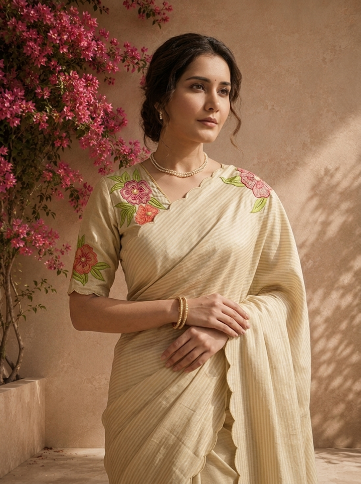 Beige Tissue Stripes With Floral Embroidered Saree