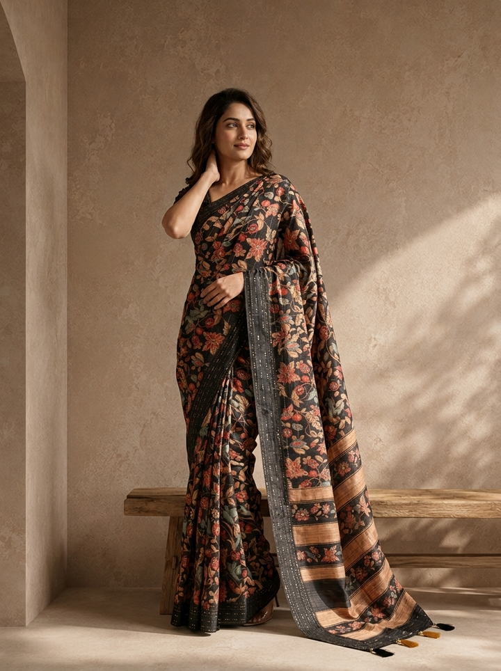 Black Silk Kalamkari Floral Jaal Printed Saree