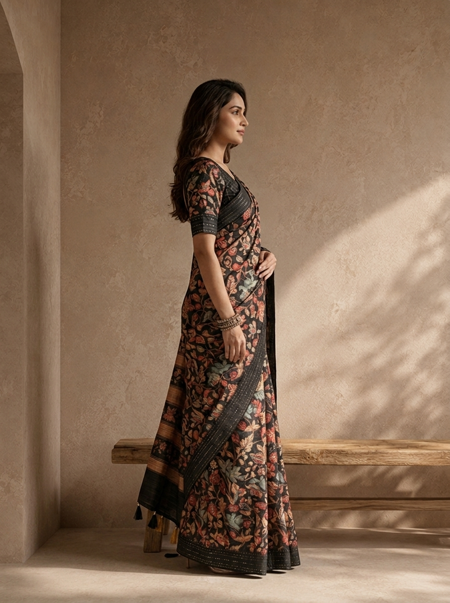 Black Silk Kalamkari Floral Jaal Printed Saree