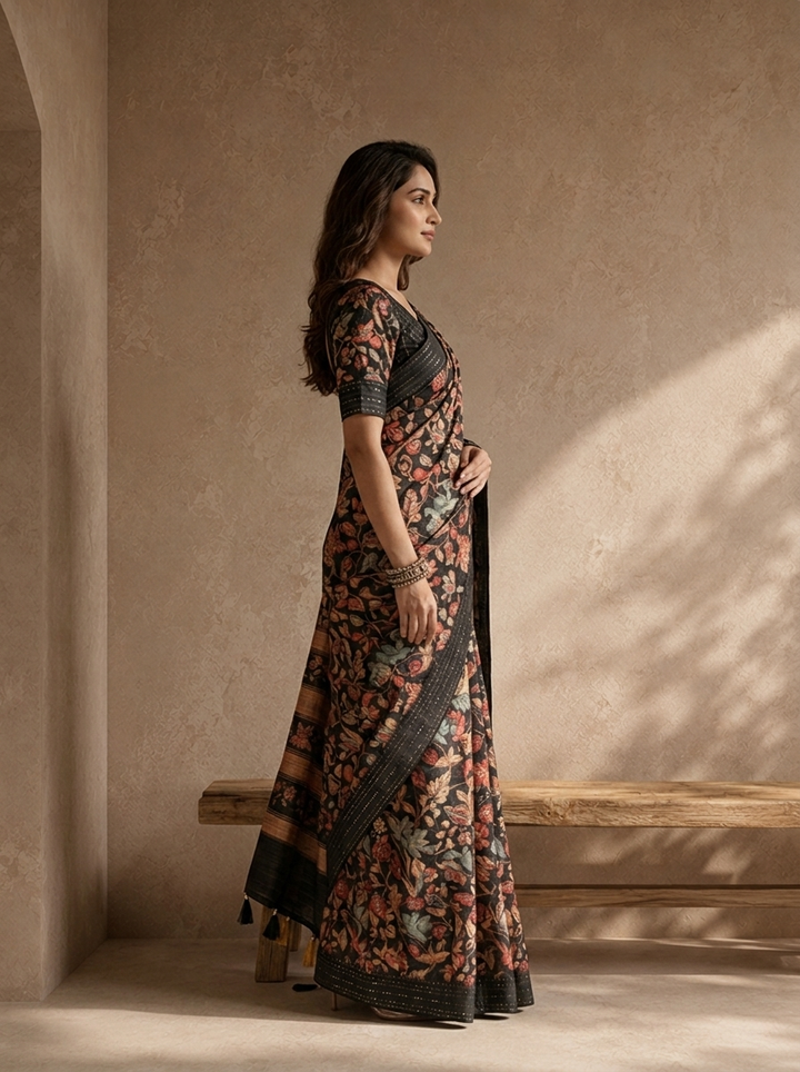 Black Silk Kalamkari Floral Jaal Printed Saree