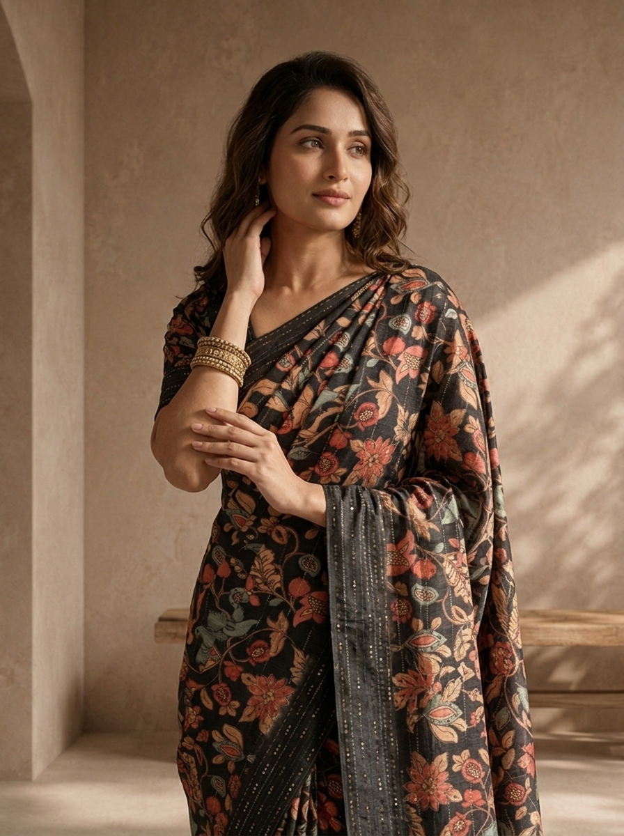 Black Silk Kalamkari Floral Jaal Printed Saree