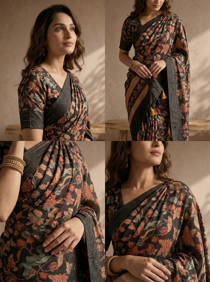 Black Silk Kalamkari Floral Jaal Printed Saree