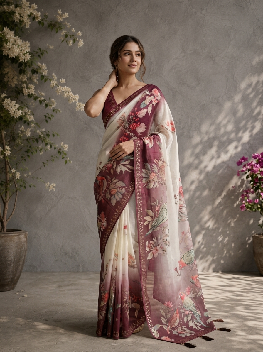 Purple Tissue Pichwai Bird Printed Saree