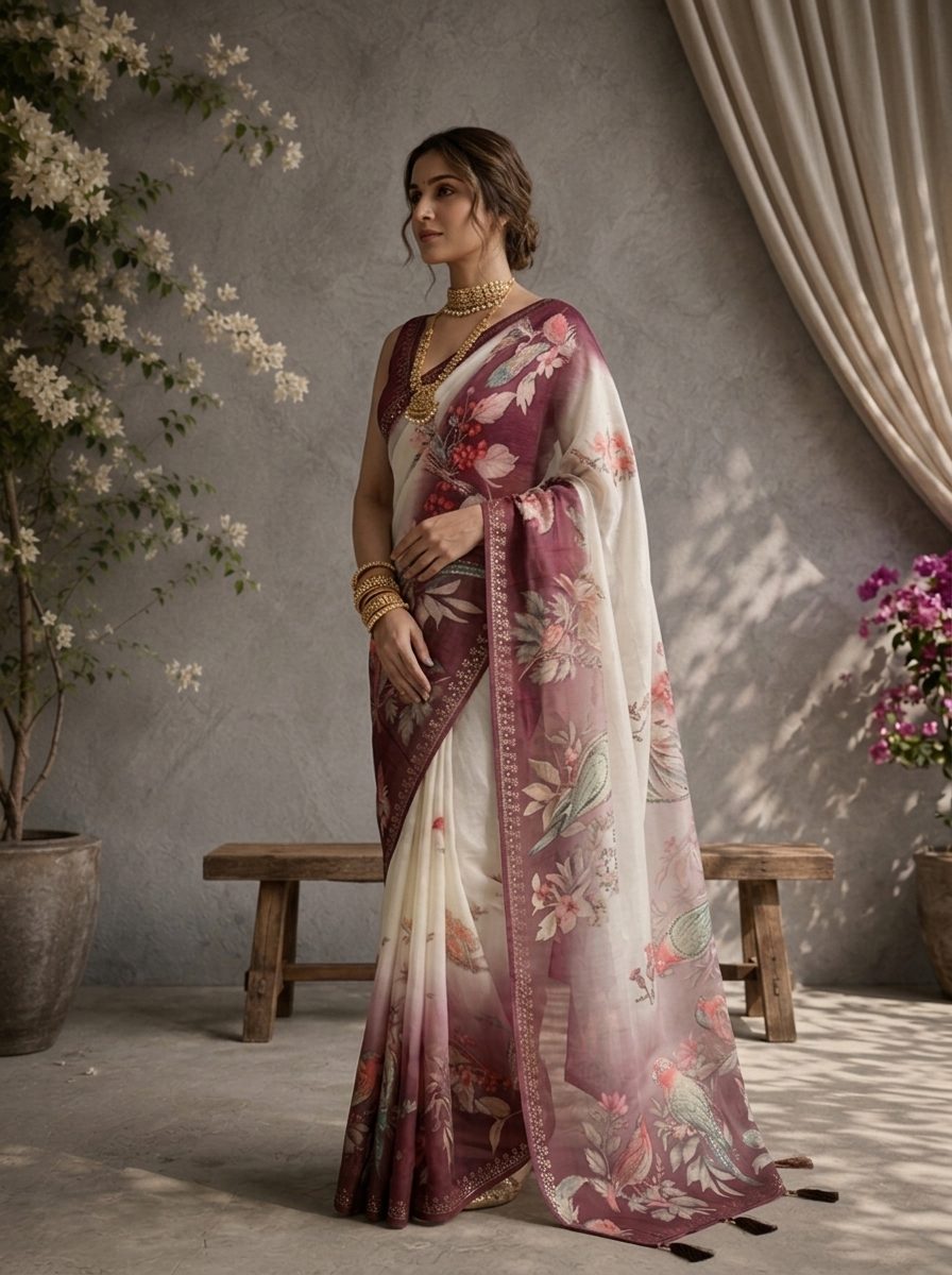 Purple Tissue Pichwai Bird Printed Saree