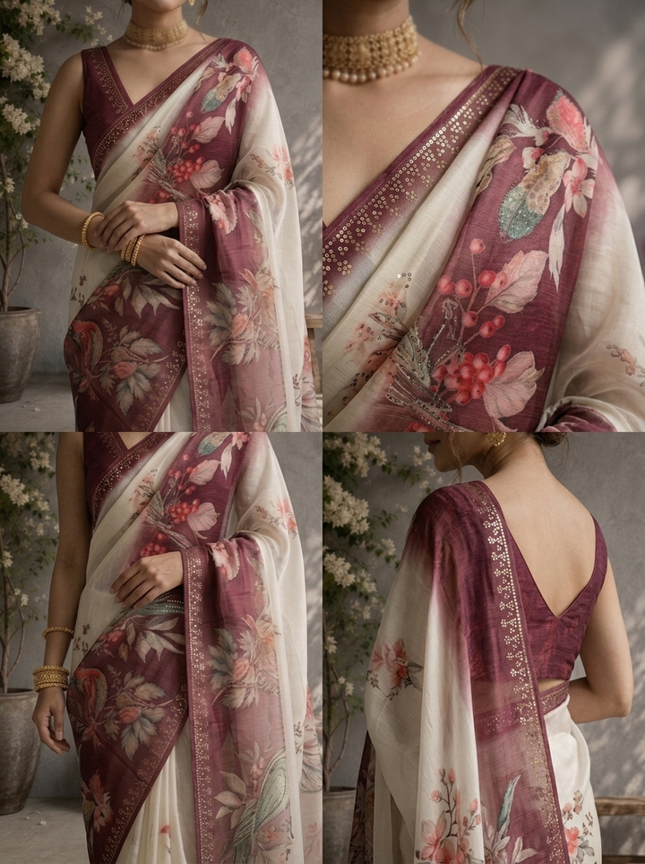 Purple Tissue Pichwai Bird Printed Saree