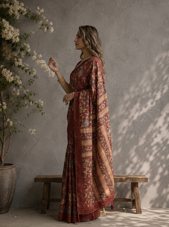 Maroon Silk Kalamkari Floral Jaal Printed Saree