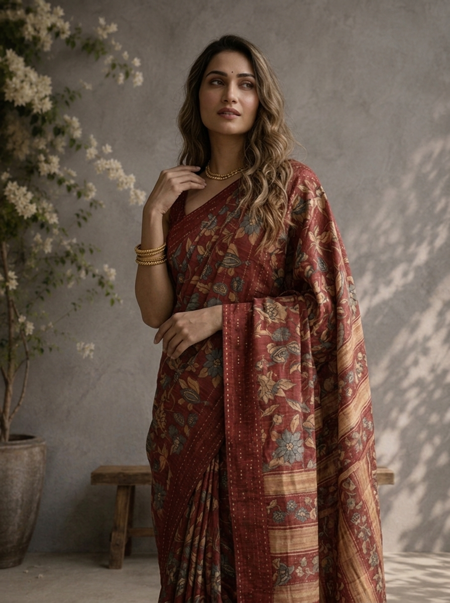 Maroon Silk Kalamkari Floral Jaal Printed Saree