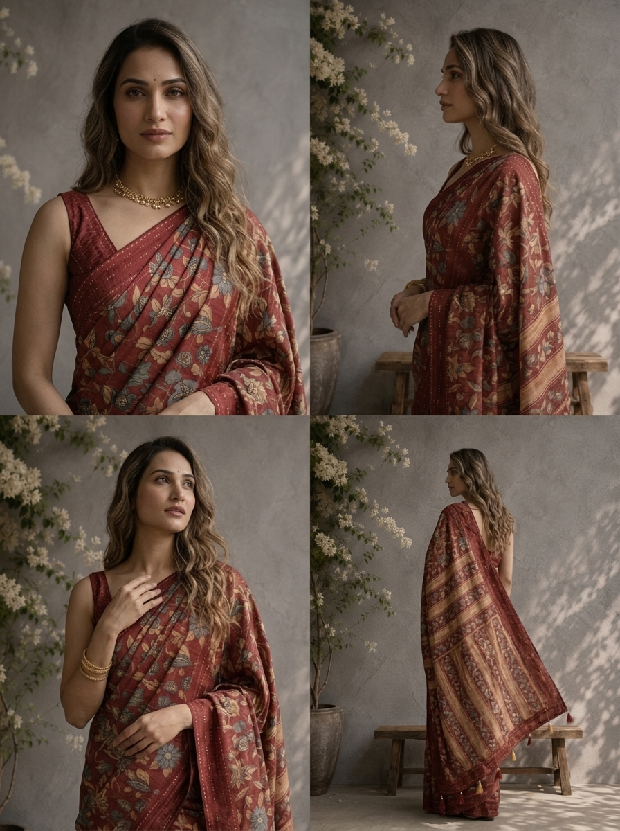 Maroon Silk Kalamkari Floral Jaal Printed Saree