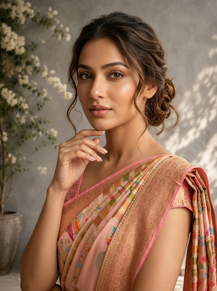 Peach Silk Zari Checks With Gharchola Parrot Motif Printed Saree