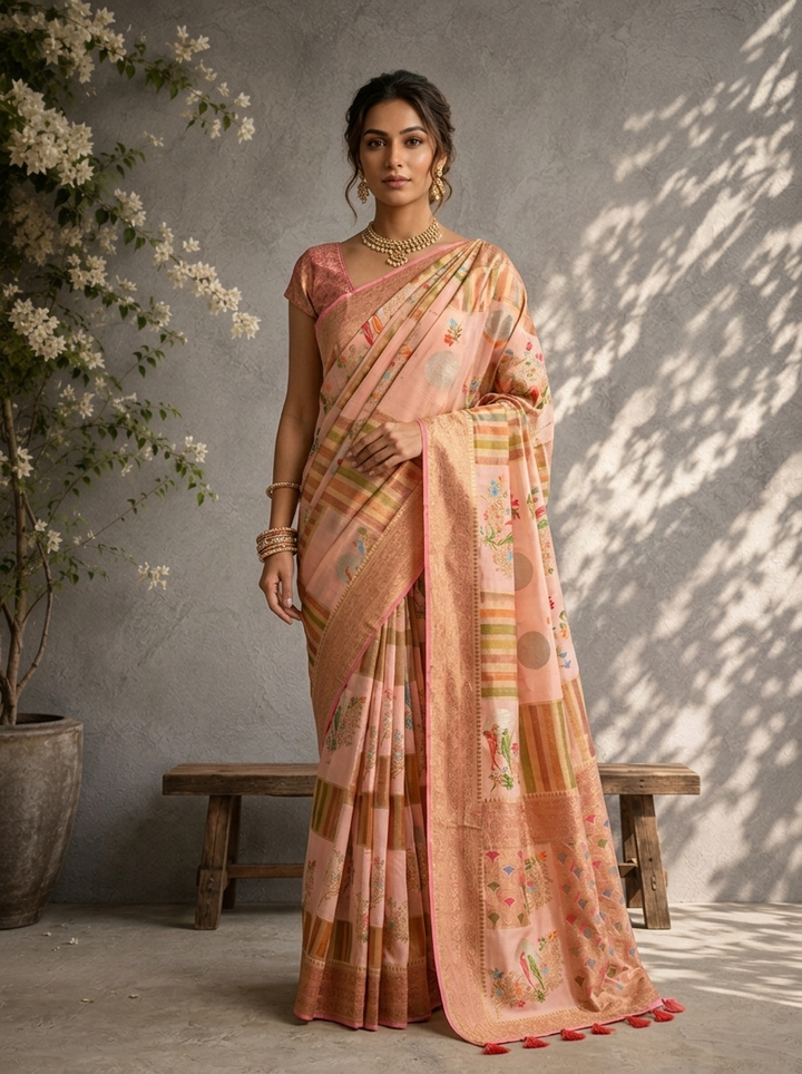 Peach Silk Zari Checks With Gharchola Parrot Motif Printed Saree