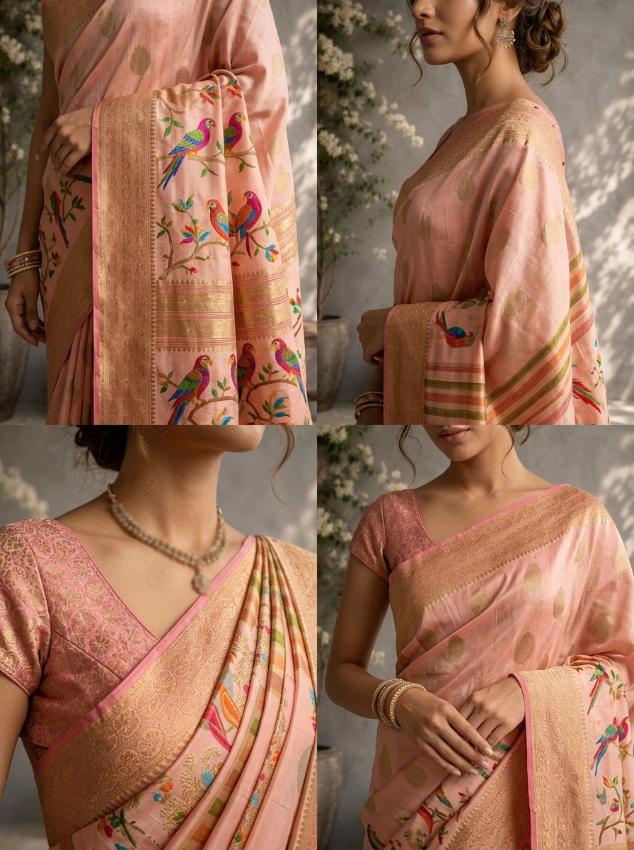 Peach Silk Zari Checks With Gharchola Parrot Motif Printed Saree