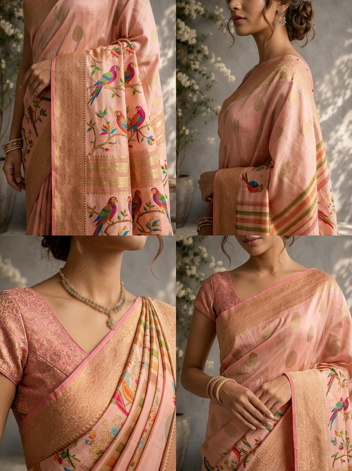 Peach Silk Zari Checks With Gharchola Parrot Motif Printed Saree