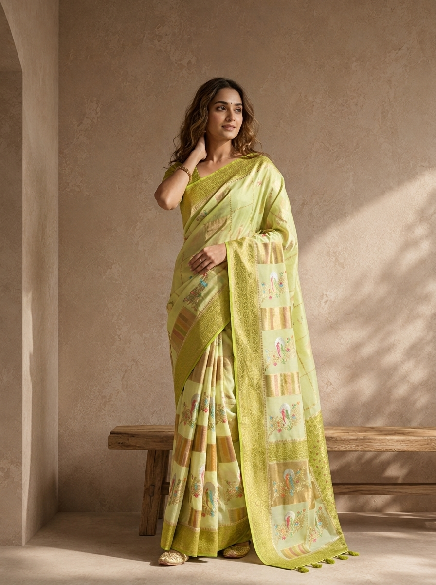 Pista Green Silk Zari Checks With Gharchola Parrot Motif Printed Saree