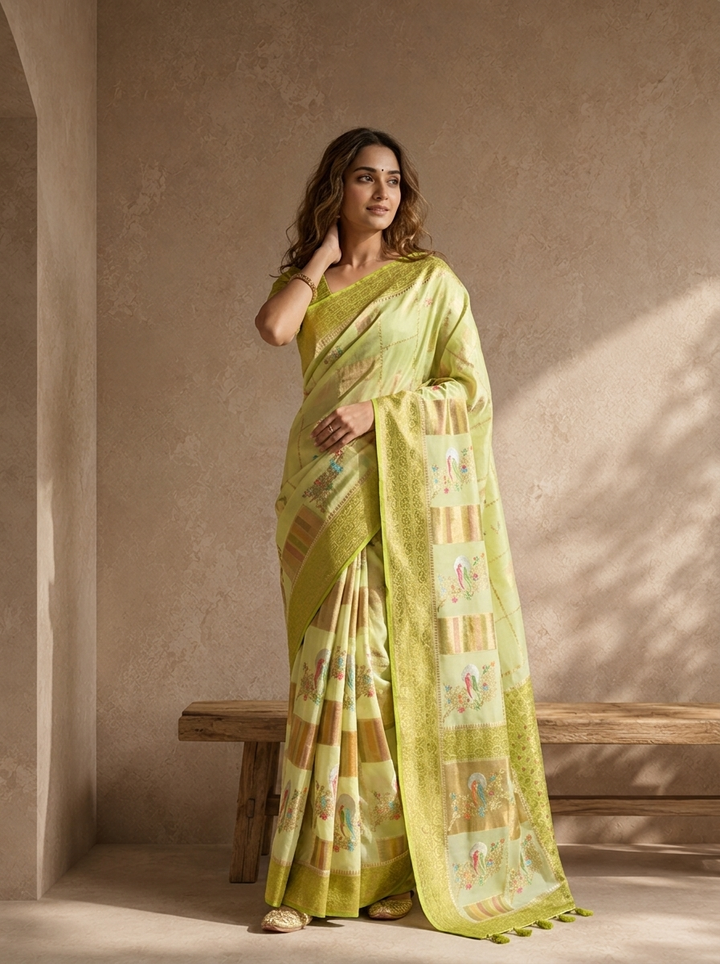 Pista Green Silk Zari Checks With Gharchola Parrot Motif Printed Saree