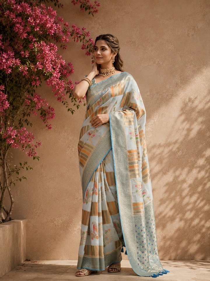 Blue Silk Zari Checks With Gharchola Parrot Motif Printed Saree