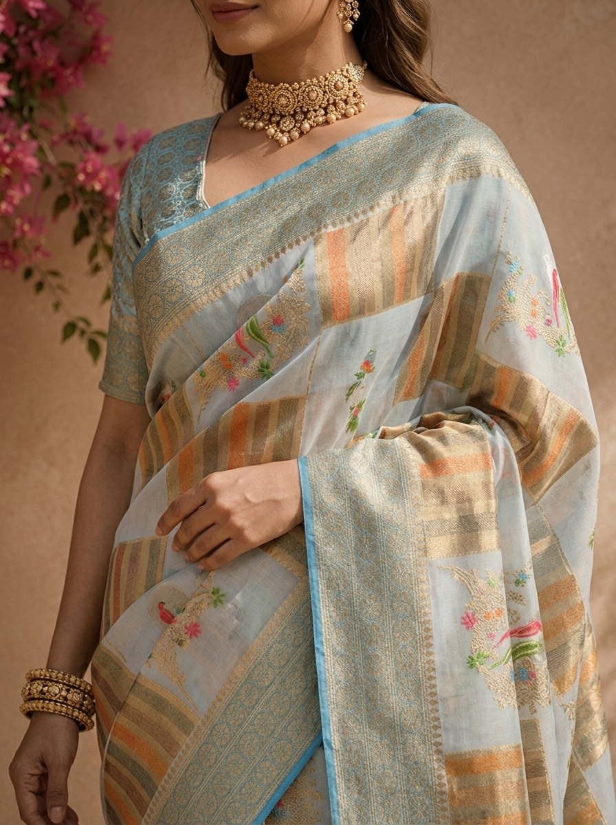 Blue Silk Zari Checks With Gharchola Parrot Motif Printed Saree