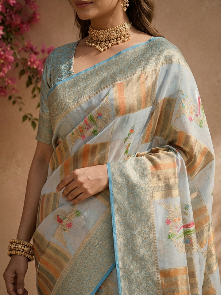 Blue Silk Zari Checks With Gharchola Parrot Motif Printed Saree