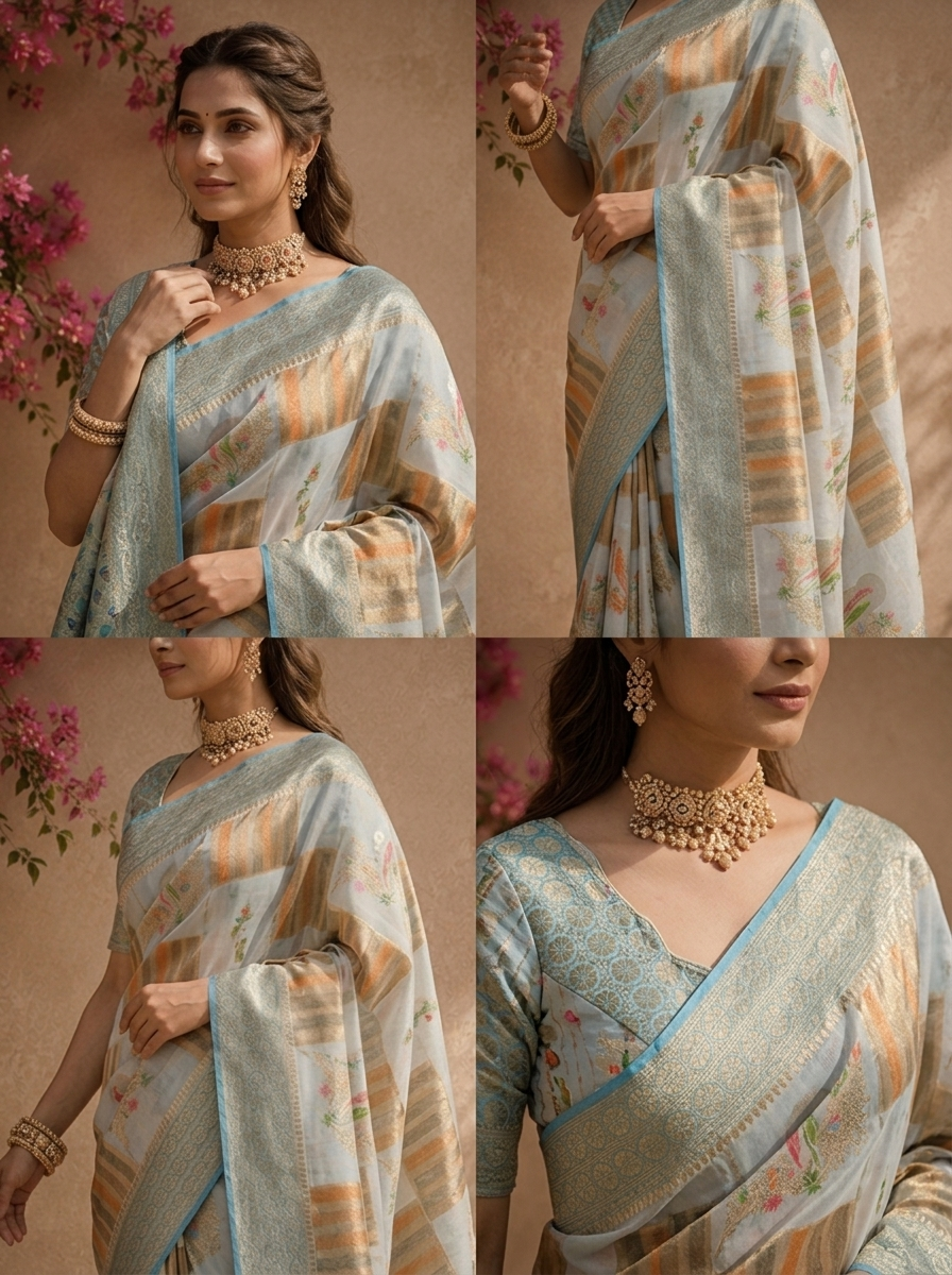 Blue Silk Zari Checks With Gharchola Parrot Motif Printed Saree
