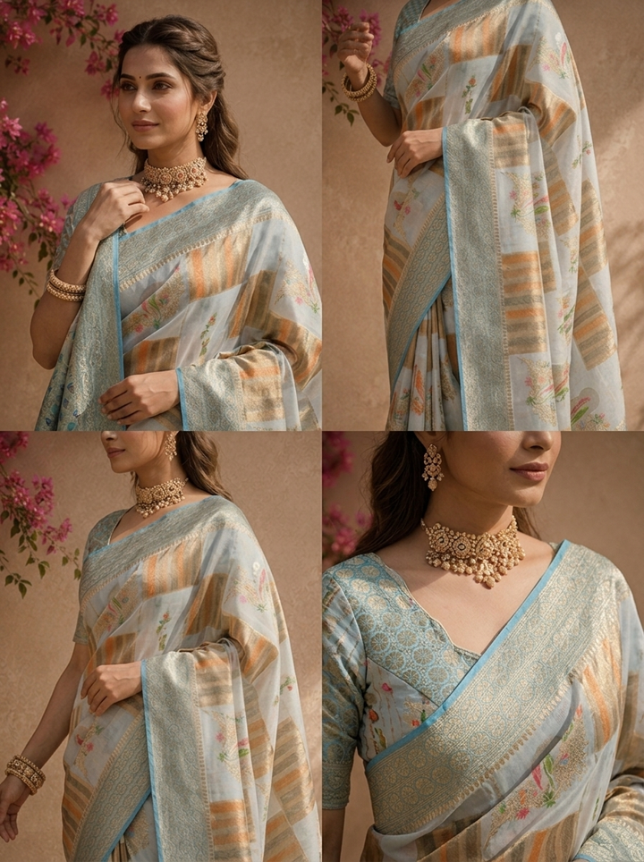 Blue Silk Zari Checks With Gharchola Parrot Motif Printed Saree