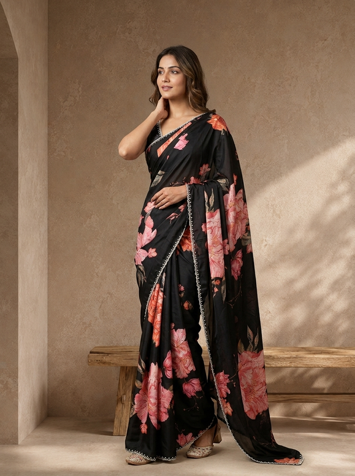 Black Satin Peony Floral Printed Saree